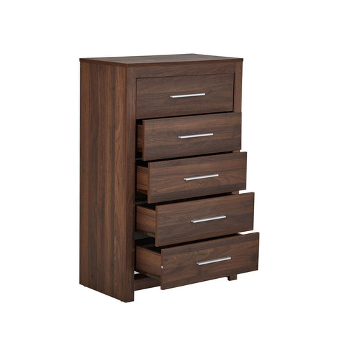 Dark wood 5-drawer chest with sleek silver handles, modern bedroom storage furniture