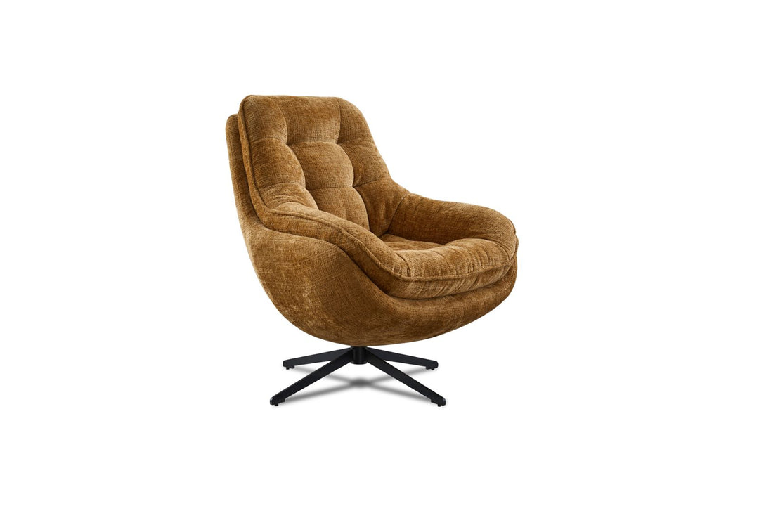 Brown upholstered swivel lounge chair with tufted backrest and black metal base