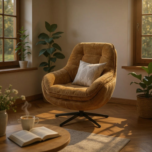 Cozy mustard armchair with swivel base, decorative pillow, and plants in sunlit living room
