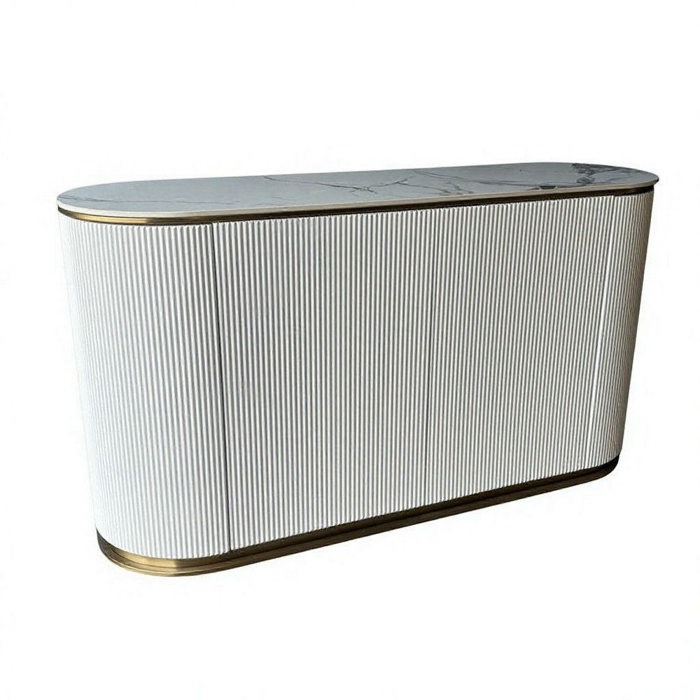 Modern white oval sideboard with fluted front panels and marble top, gold trim base