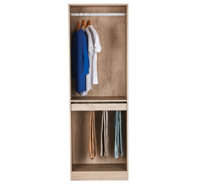 Open wooden wardrobe with hanging clothes and scarf organizer, modern closet furniture