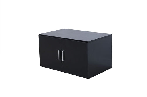 Modern black wooden cabinet with double doors and silver handles