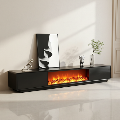 Modern black TV unit with built-in electric fireplace, sleek design for living room furniture