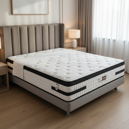 Luxury tufted mattress on modern upholstered bed frame in Sydney bedroom setting