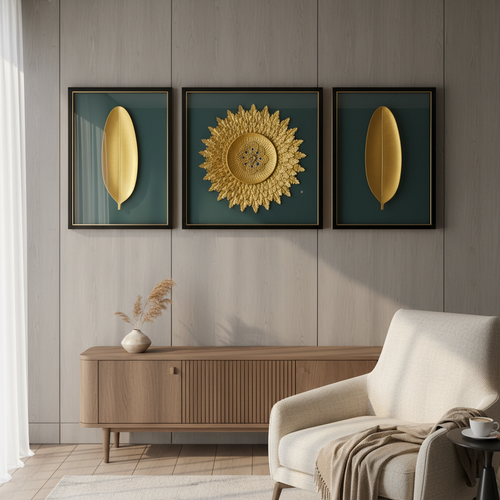 Modern living room with gold leaf wall art, wooden TV unit, and beige armchair for stylish home decor