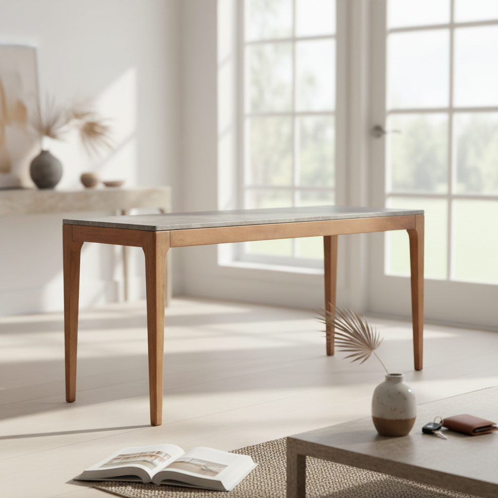 Modern wooden console table with stone top in bright living room, perfect for entryway or hallway decor