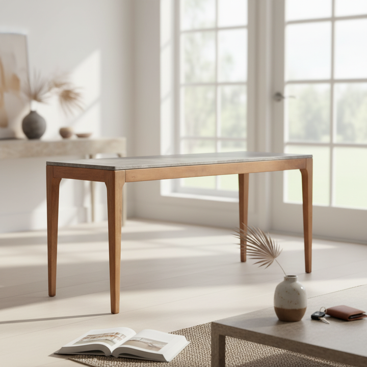 Modern wooden console table with stone top in bright living room, perfect for entryway or hallway decor