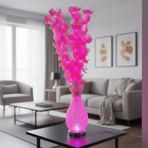 Pink LED flower lamp with glitter vase on living room table, modern home decor lighting