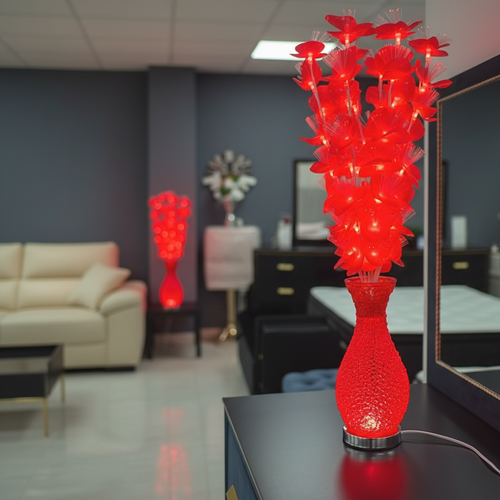 Red floral LED table lamp on dark console, modern living room decor with sofa and mirror