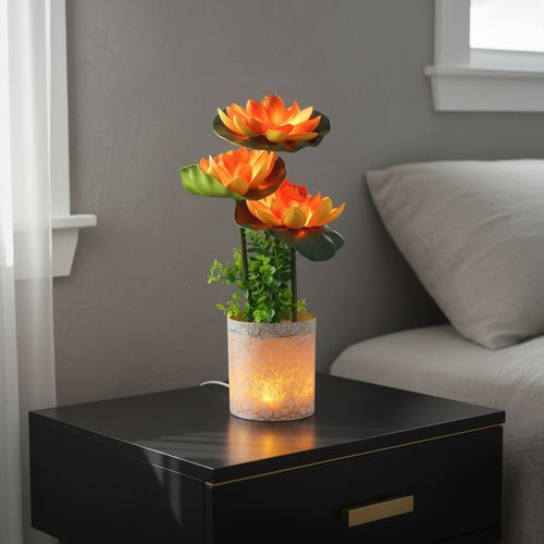 Orange lotus flower table lamp with crackle vase on black bedside table, ambient bedroom lighting