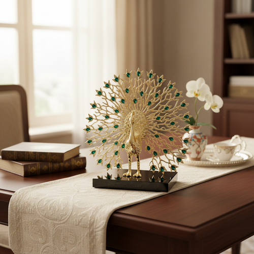Golden peacock statue with green gem accents on dining table, elegant home decor piece