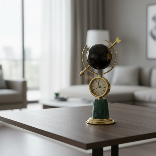 Elegant globe clock with gold accents and green marble base on modern coffee table