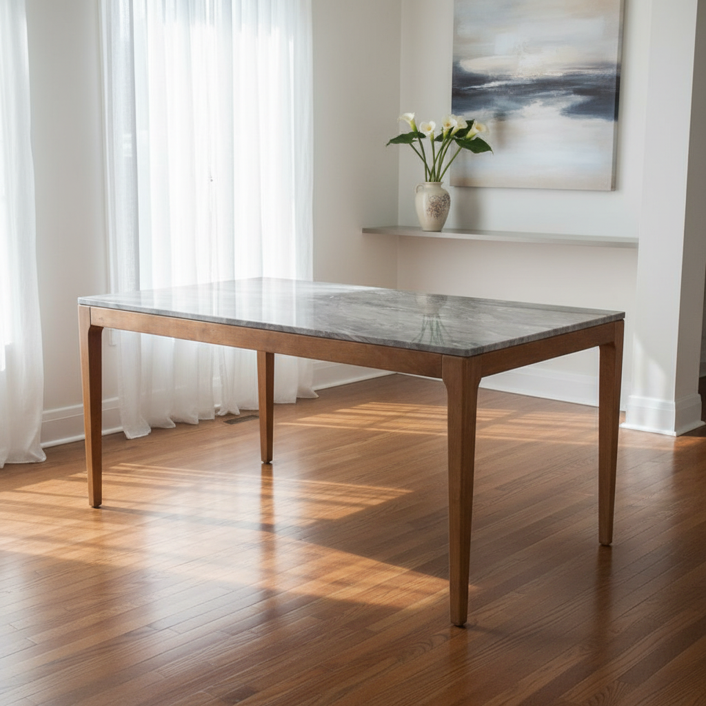Modern dining table with marble top and wooden legs in bright room