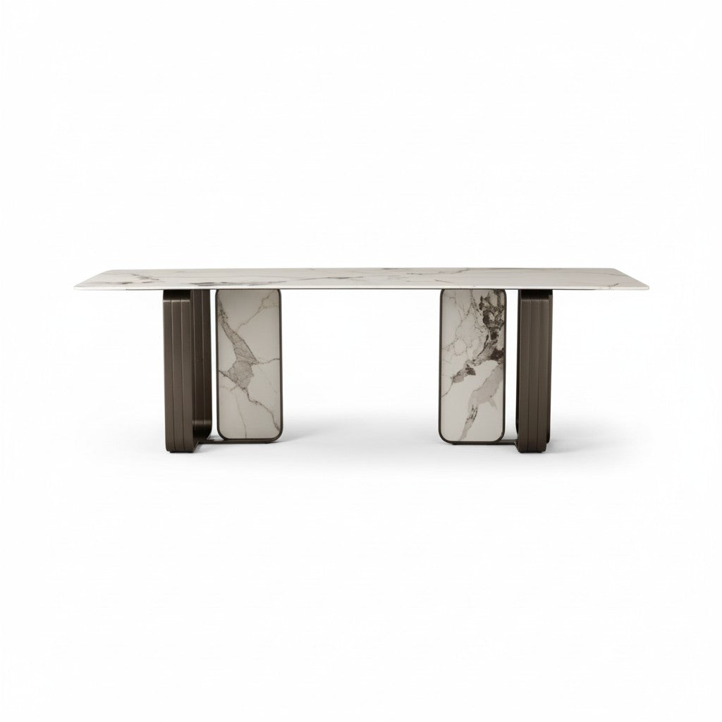 Modern rectangular marble dining table with unique geometric pedestal legs, minimalist style