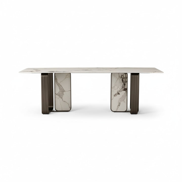 Modern rectangular marble dining table with unique geometric pedestal legs, minimalist style