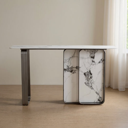 Modern marble console table with metal base in bright living room setting