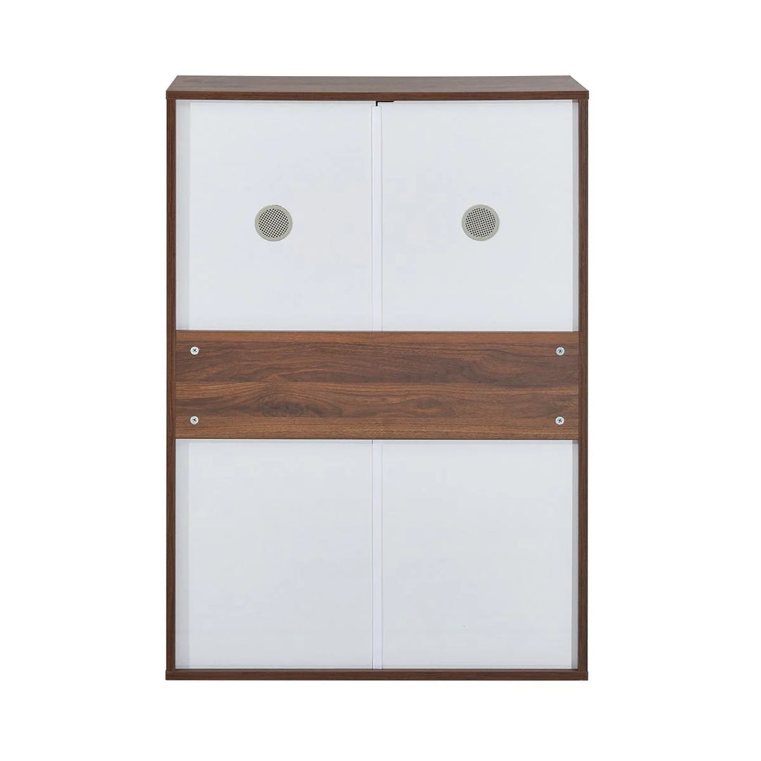 Modern white and walnut wood storage cabinet with dual ventilation holes, home furniture