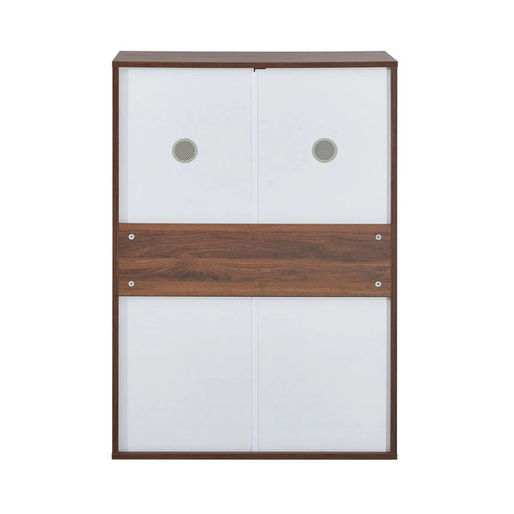Modern white and walnut wood storage cabinet with dual ventilation holes, home furniture
