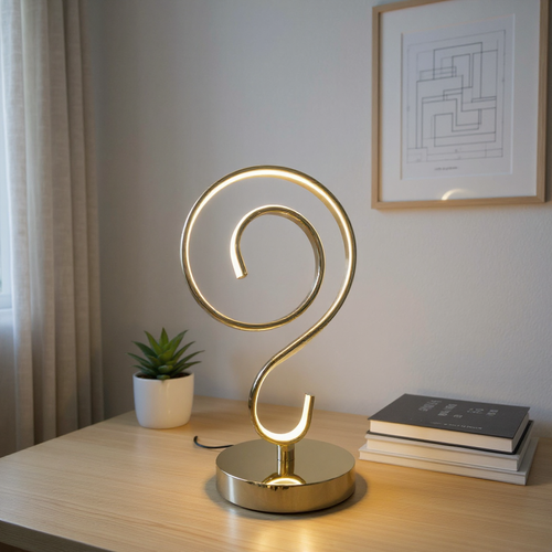 Modern gold spiral LED table lamp on wooden desk with books and potted plant