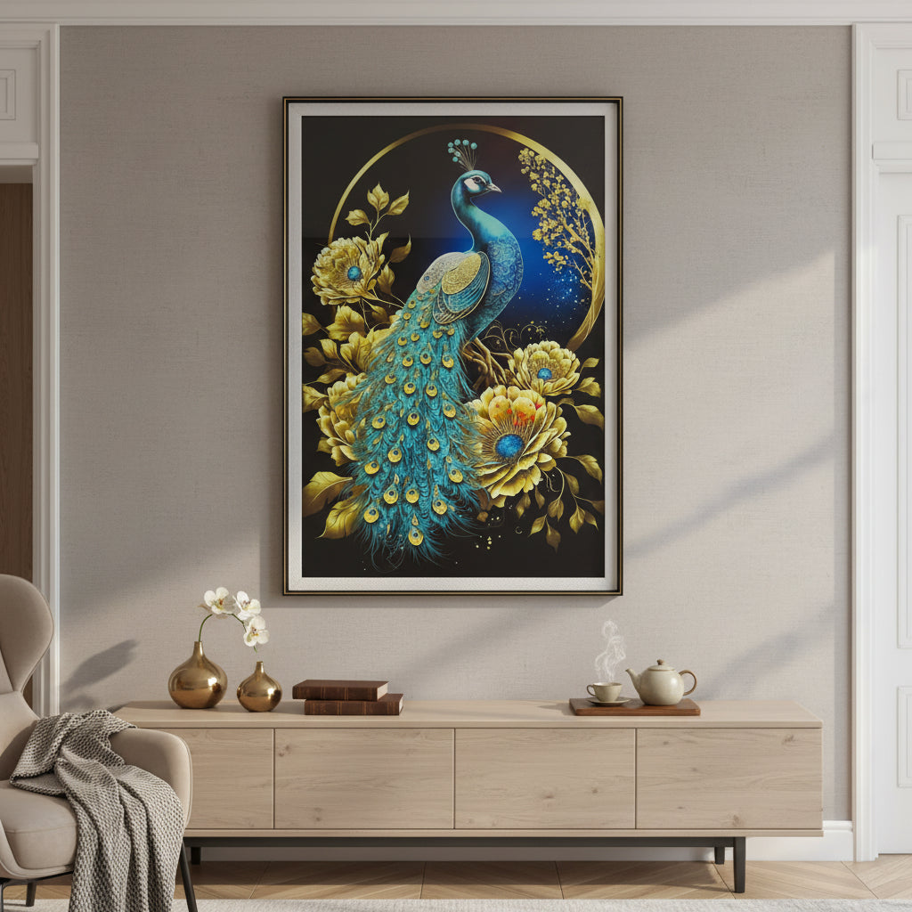 Modern living room with light wood TV console, decorative vases, and peacock wall art