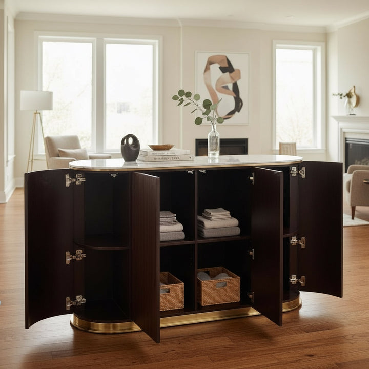 Modern dark wood storage cabinet with open doors in a stylish living room setting