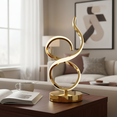 Modern gold sculptural table lamp on wood coffee table in stylish living room