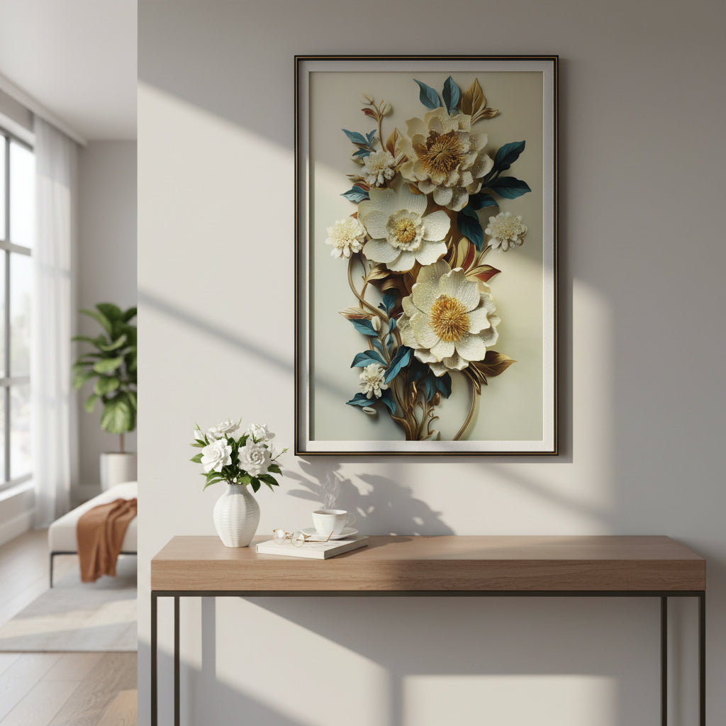 Modern entryway with wood console table, floral wall art, and decorative vase arrangement