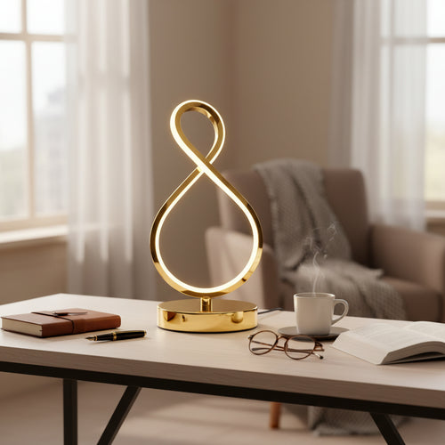 Modern gold infinity LED table lamp on desk with coffee mug, book, and glasses in cozy living room