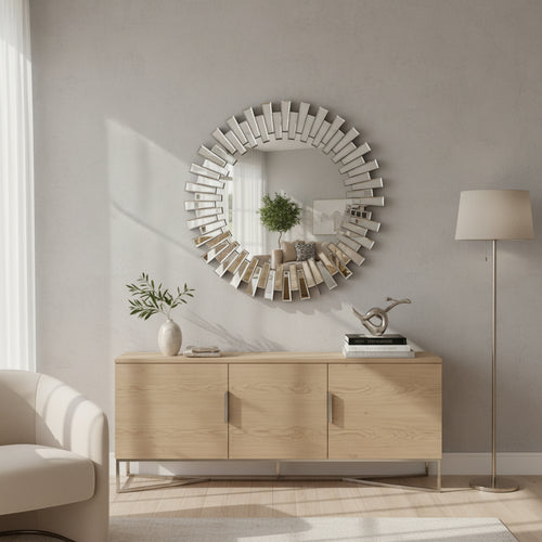 Modern living room with light wood sideboard, sunburst wall mirror, floor lamp, and minimalist decor.