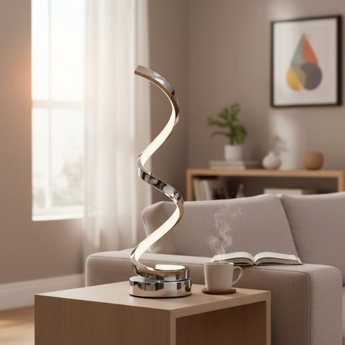 Modern spiral LED table lamp on wood side table in a cozy living room with sofa and coffee cup