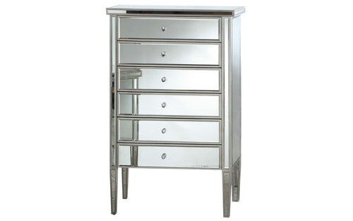Mirrored tallboy chest with six drawers and crystal knobs for bedroom storage