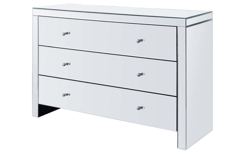Modern mirrored 3-drawer chest with crystal knobs, sleek glass top, perfect for bedroom storage