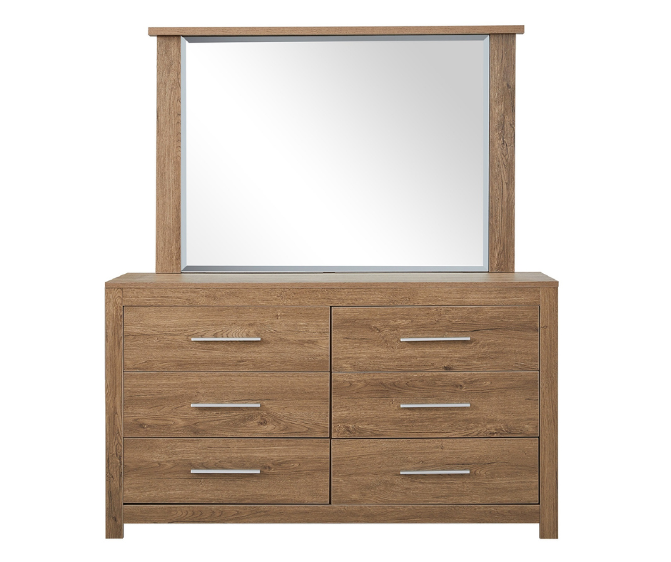 Wooden dresser with six drawers and large rectangular mirror, modern home furniture