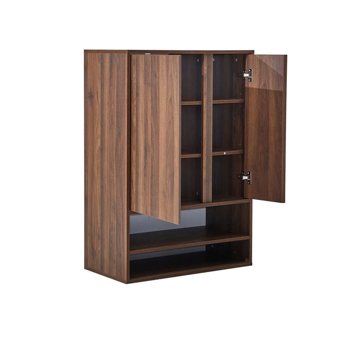 Modern wooden storage cabinet with open shelves and two open doors, home furniture