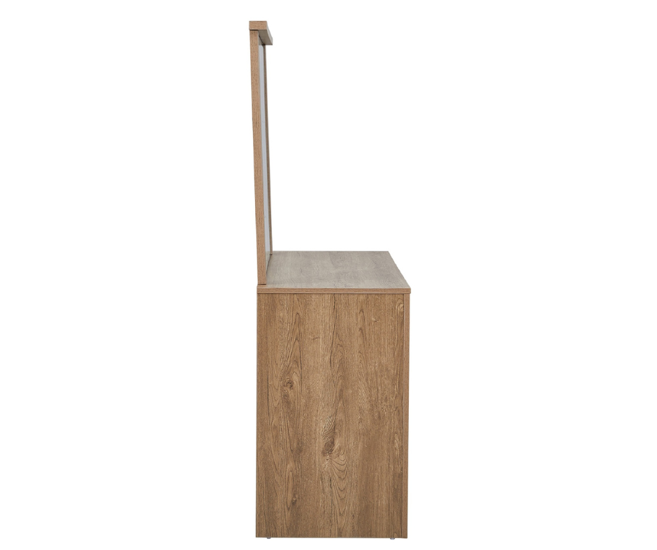 Side view of a modern wood TV unit with natural grain finish
