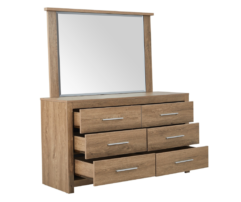 Modern wooden dresser with six open drawers and large attached mirror