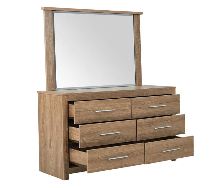Modern wooden dresser with six open drawers and large attached mirror