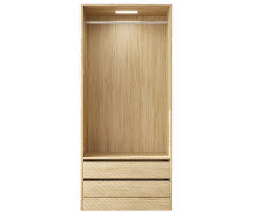 Modern wooden wardrobe with drawers, open hanging rail, and built-in LED light