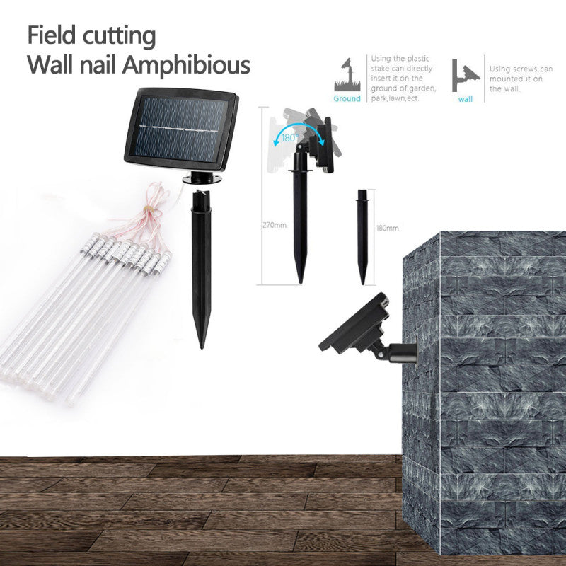 Solar LED meteor lights with ground stake and wall mounting options, shown with installation guide.