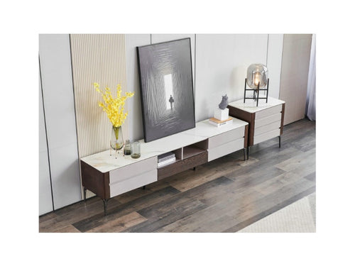 Modern TV unit with white marble top and dark wood finish, styled with decor in contemporary living room