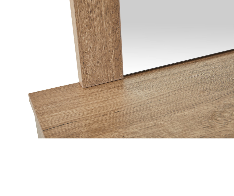 Close-up of wooden home furniture with natural wood grain and rectangular mirror detail